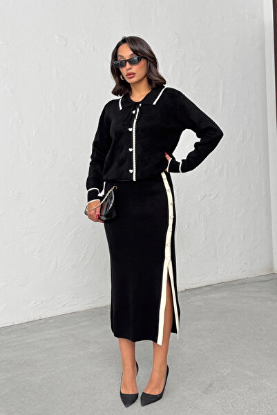 Lusin Women's Heart Button and Embossing Detail Skirt Cardigan Bottom Top Two-Piece Elegant Knitwear Set - Black