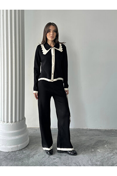 Lusin Women's Collar Detailed Top and Bottom Stylish Knitwear Set - Black