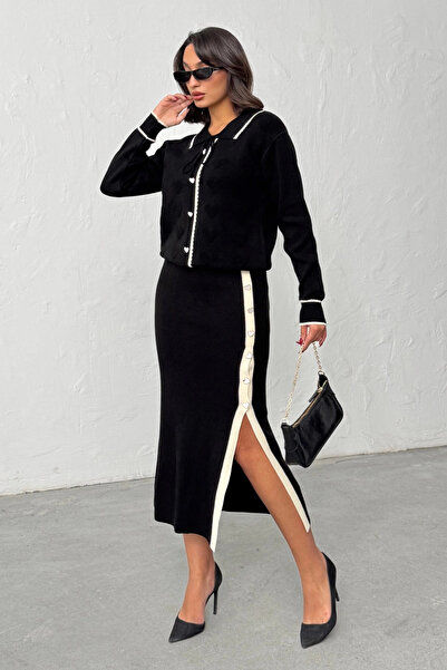 Lusin Women's Heart Button and Embossing Detail Skirt Cardigan Bottom Top Two-Piece Elegant Knitwear Set - Black