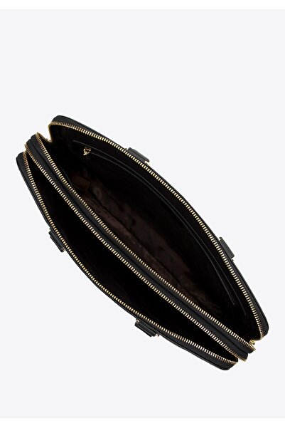 Wittchen Geantă de laptop din piele pentru femei, 15,6'', neagră și aurie, piele naturală neagră și aurie