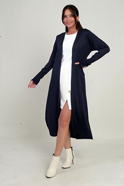 By Saygı Women's Long Cardigan with Button Detail on the Sleeves, Pockets, and Side Slits