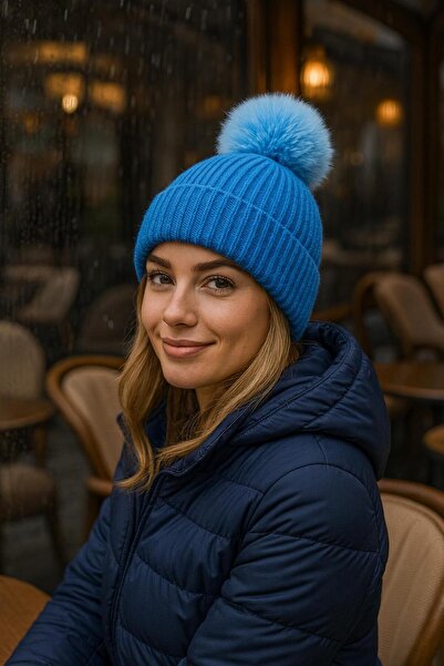 MARBERRY Cobalt Blue Corded Fabric Plush Pompom Women's Beret