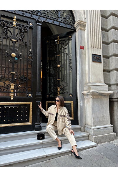 MİA NOURA Women's Front Beaded Gabardine Shirt and Pants Set