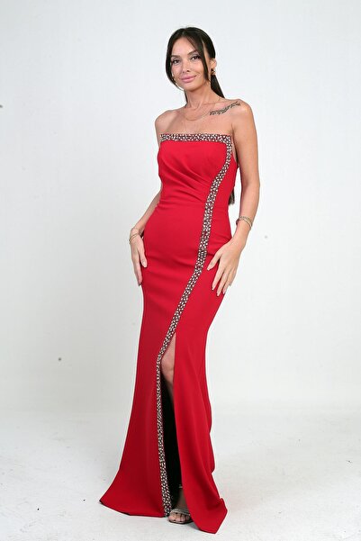 By Saygı Women's Long Crepe Dress with Draped Stone Detail on the Front