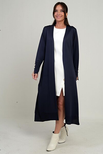 By Saygı Women's Long Cardigan with Button Detail on the Sleeves, Pockets, and Side Slits