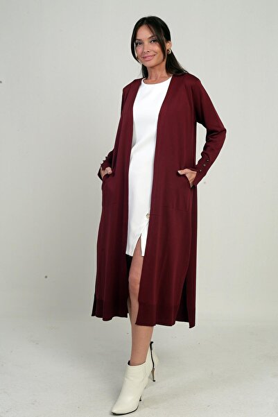 By Saygı Women's Long Cardigan with Button Detail on the Sleeves, Pockets, and Side Slits