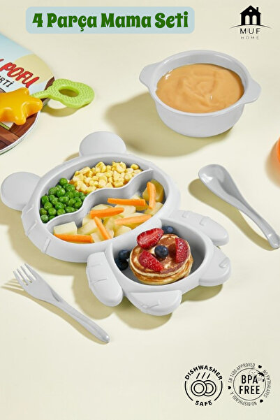 MUF HOME Ayıcık Şekilli 3 Bölmeli 4 Parça Çocuk Bebek Mama Tabağı + Çorba Kas...
