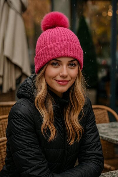 MARBERRY Fuchsia Corded Fabric Plush Pompom Women's Beret