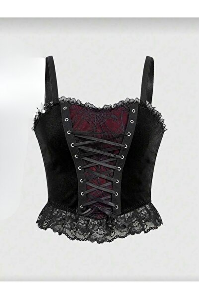 DarkellaStore Gothic Punk Velvet Lace Bustier with Net Pattern for Halloween Costume