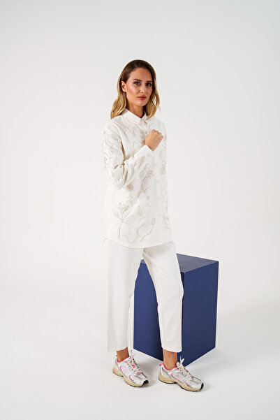 MİA NOURA Women's Gabardine Shirt and Pants Suit with Beaded Front and Sleeves