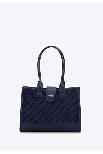 Wittchen Geantă de umăr clasică pentru femei cu inserție din material textil, bleumarin, - piele