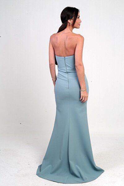 By Saygı Women's Long Crepe Dress with Draped Stone Detail on the Front