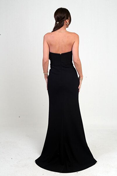 By Saygı Women's Long Crepe Dress with Draped Stone Detail on the Front