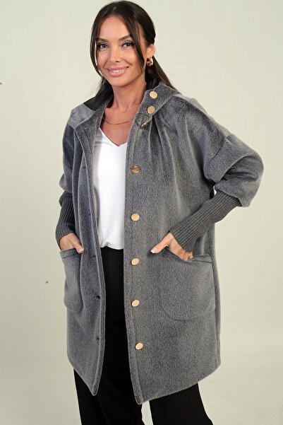 By Saygı Women's Hooded Angora Coat with Buttoned Front, Lined Sleeves and Ribbed Sleeves