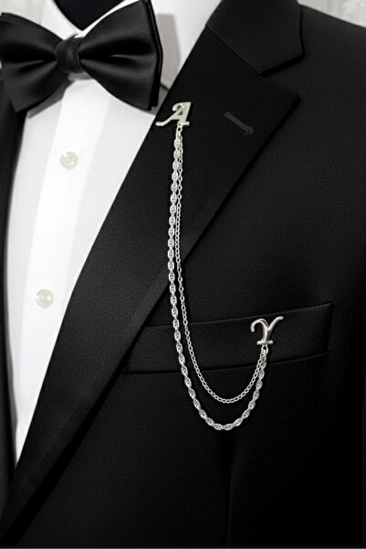 godfroy Kişiye Özel Çift Harfli Zincirli Yaka İğnesi Ceket & Damatlık & Blazer