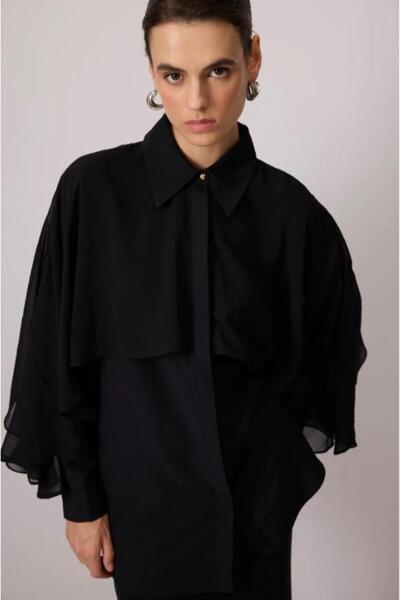 Touche Şifon Garnili Poplin Gömlek Siyah