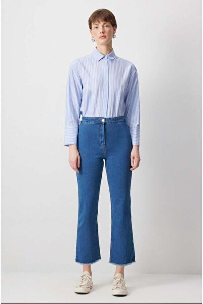 Touche Paçası Püsküllü Denim Pantolon Açık Denim