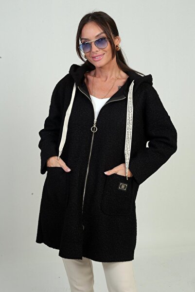 By Saygı Women's Hooded Comfortable Fit Boucle Cardigan with Front Zipper Pockets