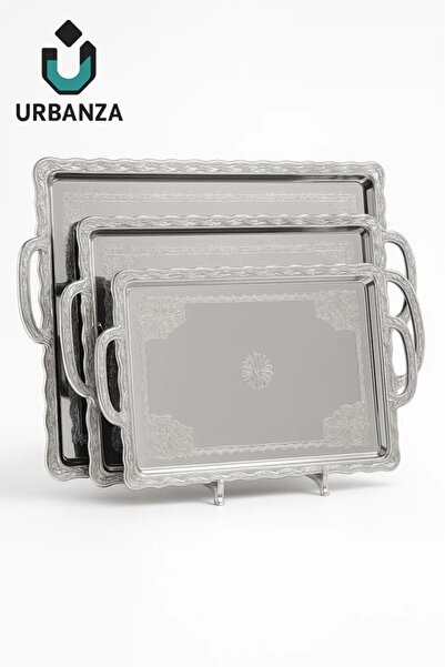 Urbanza طقم صواني تقديم فضية - تصميم كلاسيكي من 3 قطع بنمط أنيق ومقابض مزدوجة