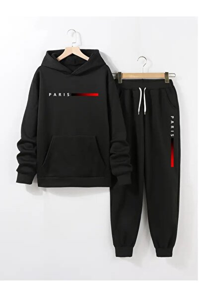 Massgai Unisex PARIS Printed Hooded Bottom-Top Set Cotton Tracksuit Set