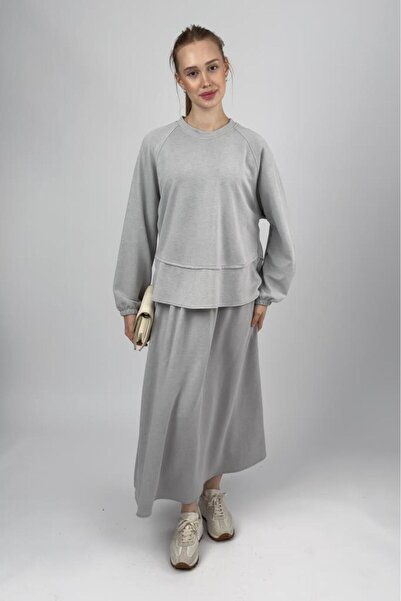 Betimoda Women's Soft Textured Modal Skirt Set Light Gray