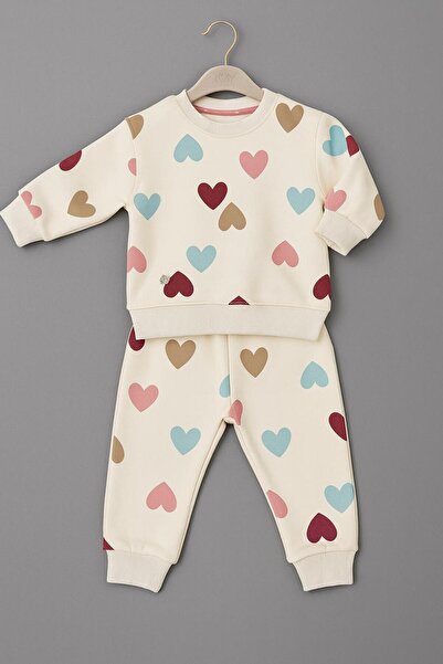 DÜŞ GİYİM Colorful Heart Girl's Top and Bottom Set