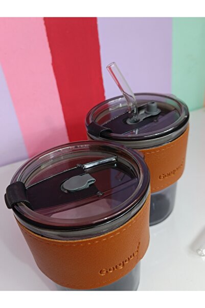 DEKOR ZÜCCACİYE HOME 2-Piece Leather-Smoked Cold Coffee Cup with Straw Lid