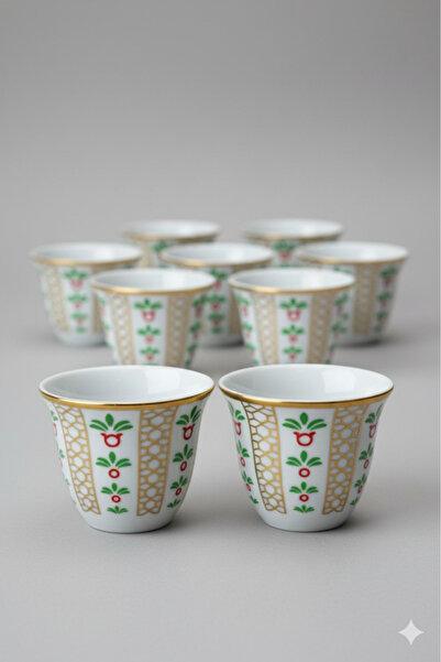 Urbanza طقم فناجين قهوة عربية من ١٢ قطعة | فناجين فنجان بورسلين فاخرة بحافة ذهبية بتصميم تقليدي