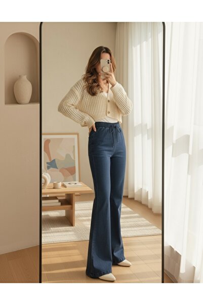 Genel Markalar İspanyol Paça Bağcık Detaylı Kot Pantolon -Açık Mavi