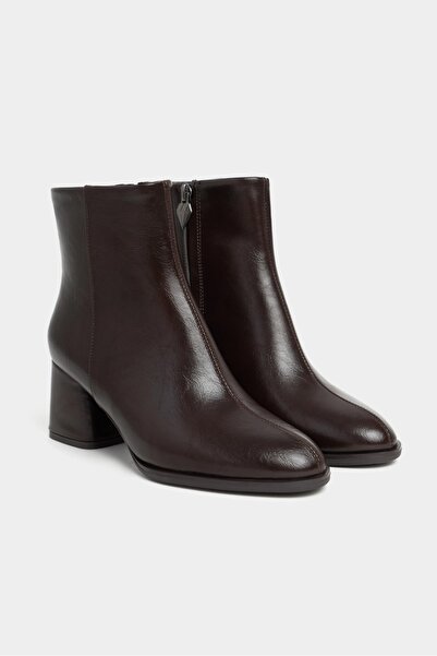 NİŞANTAŞI SHOES Boni Kahve Rustik Desen Mat Fermuar Detaylı Kadın Topuklu Kadın Bot