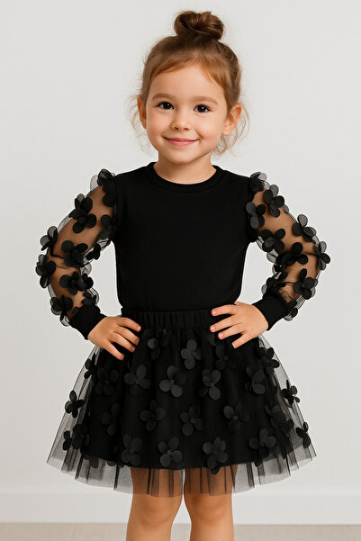 Selvira Kız Çocuk Siyah 3D Çiçekli Tül Etek ve Uzun Kollu Bluz Takımı – Şık Ö...
