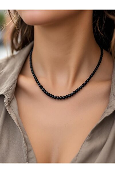 NBS Beautiful Naturel Stones Siyah Kadın Oniks Doğal Taş Kolye Standart Boy 6 mm