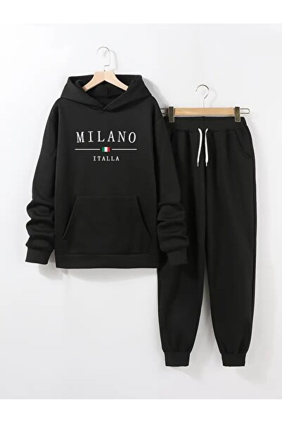 Massgai Unisex Milano Italia Printed Hooded Oversized Bottom-Top Set Cotton Tracksuit Set