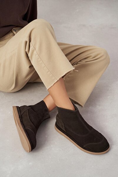NİŞANTAŞI SHOES Γυναικείες μπότες Hannah Bitter Brown Suede από γνήσιο δέρμα με επίπεδη σόλα