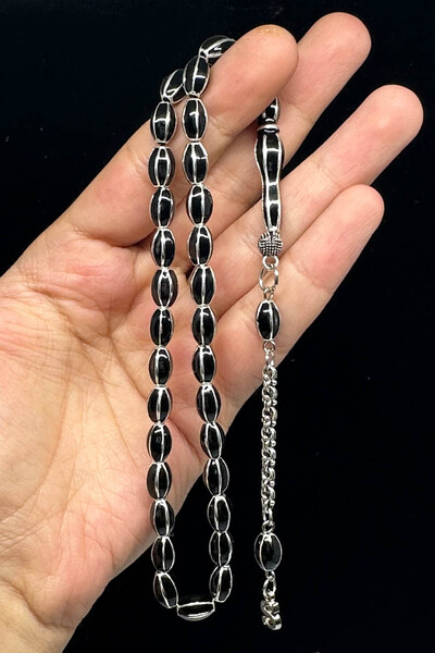 Fabula Silver 925 Ayar Gümüş Zincirli Siyah Beyaz Renk Metal Tesbih Kişiye Öz...