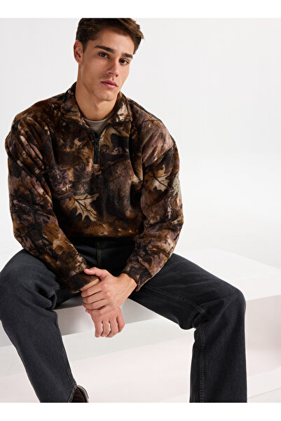 Only & Sons High Collar Brown Men's Sweatshirt Onsbilly Vtg Washed Aop Halfzip Swe