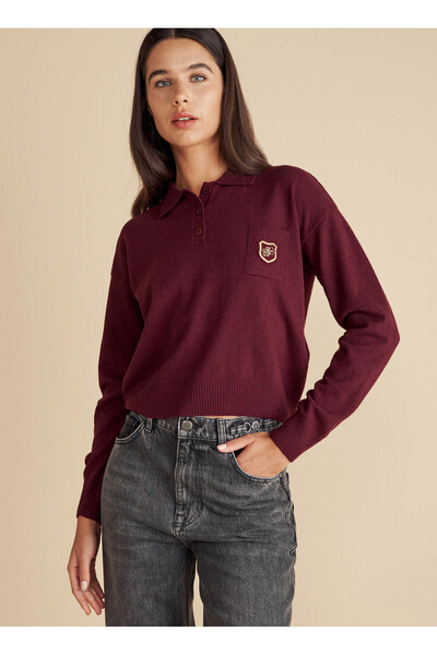 BROOKS BROTHERS Polo Yaka Standart Bordo Kadın Kazak Polo Yaka Peçli Yün Kazak