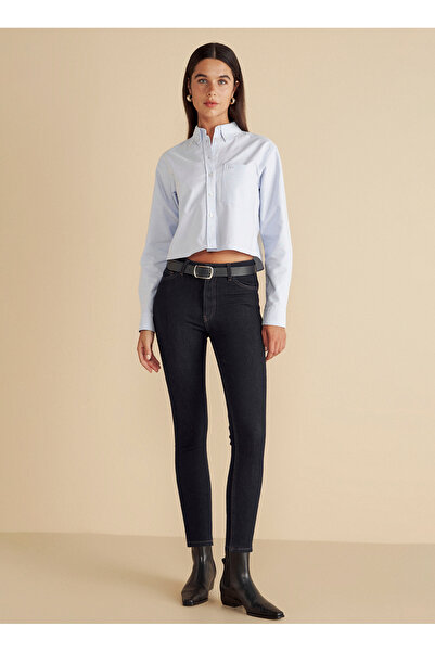 BROOKS BROTHERS Regular Fit Gömlek Yaka Mavi Kadın Gömlek %100 Pamuk Logo Nakışlı Crop Oxford