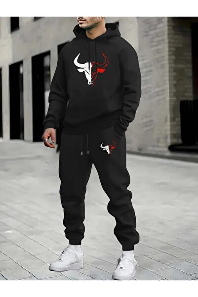 Massgai Unisex Bull Boğa Printed Hooded Oversized Bottom-Top Set Cotton Tracksuit Set