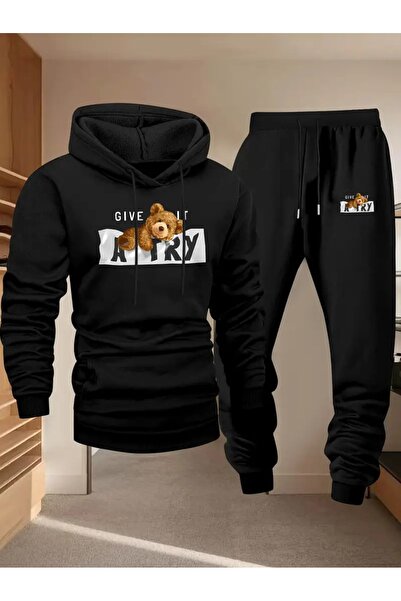 Massgai Unisex Give Bear Printed Hooded Oversized Bottom-Top Set Cotton Tracksuit Set