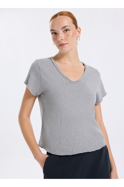 American Vintage V Yaka Gri Kadın T-Shirt SON02AGH25GRISCH
