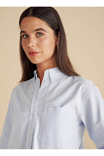 BROOKS BROTHERS Regular Fit Gömlek Yaka Mavi Kadın Gömlek %100 Pamuk Logo Nakışlı Crop Oxford