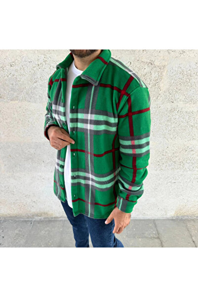modaserdem Men's Plaid Patterned Buttoned Fleece Collar Long Sleeve Shirt Oversized Comfortable Fit - Green