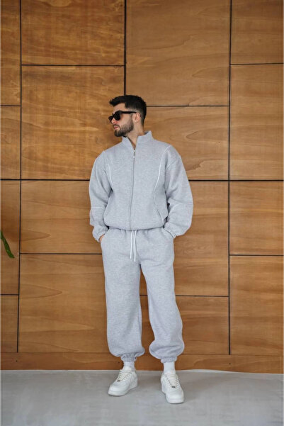 JANES Men's Premium Piece Tracksuit Set - Mock Neck Zippered Piped Sweatshirt Rubber Cuffed Bottom, Ov