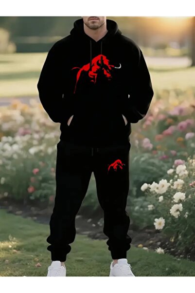 Massgai Unisex Boğa Bull Printed Hooded Oversized Bottom-Top Set Cotton Tracksuit Set