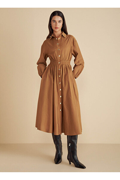 BROOKS BROTHERS Gömlek Yaka Düz Taba Midi Kadın Elbise Metal Çıtçıtlı Tafta M...