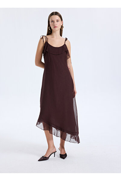 Vero Moda U Yaka Düz Kahve Diz Altı Kadın Elbise VMSABRINA BLK SCRF FLOUNCE D...