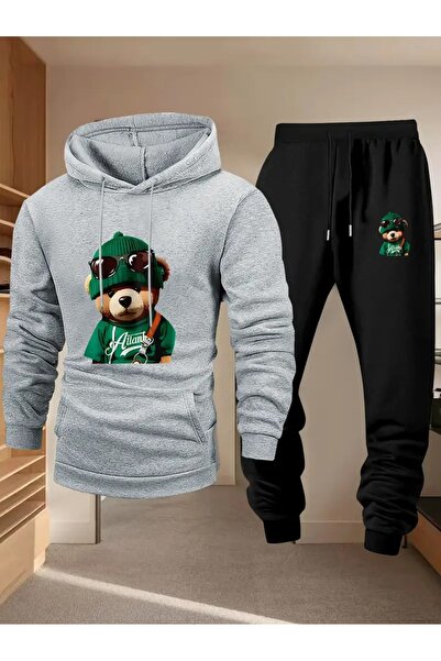 Massgai Унісекс-комплект з капюшоном та принтом ведмедя, оверсайз, верхній та нижній одяг, бавовняний спортивний костюм