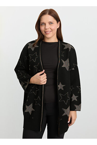 Selen Siyah Kadın V Yaka Normal Desenli Hırka 25KSL4171