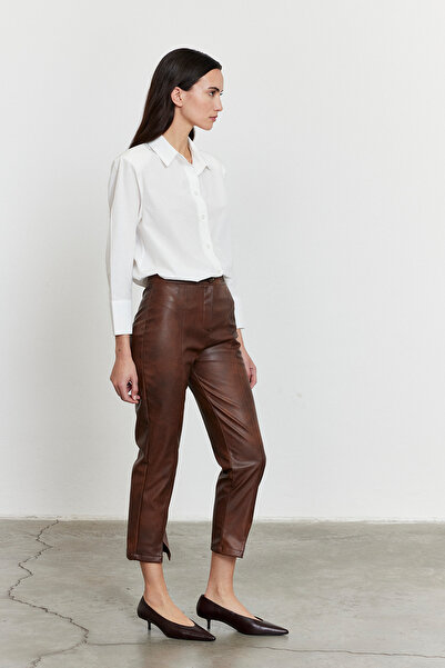 FACETTE Faux Leather Slit Detail Trousers Brown